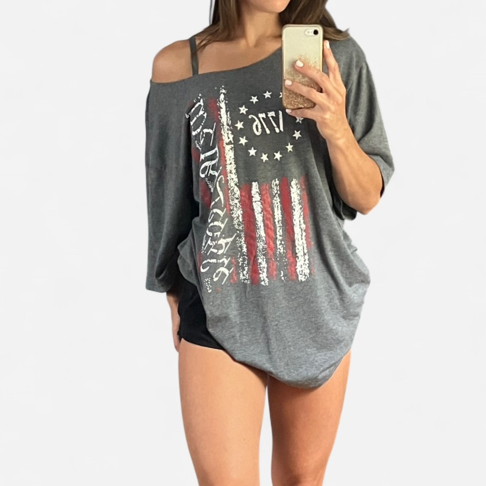 Gray Oversized Graphic Tee Patriotic Workout Pumpcover T-Shirt Gym Workout